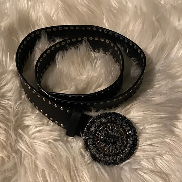 Black Studded Leather Belt with Decorative Round Buckle - Image 4