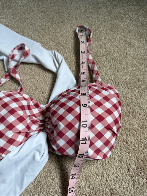 Unique Vintage Red & White Gingham Retro Bikini Top With Large White Bow - Image 10
