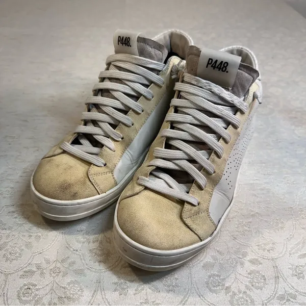 P448 Thea Mid White Cream Leather Platform High Top Sneakers EU 40 - Image 5
