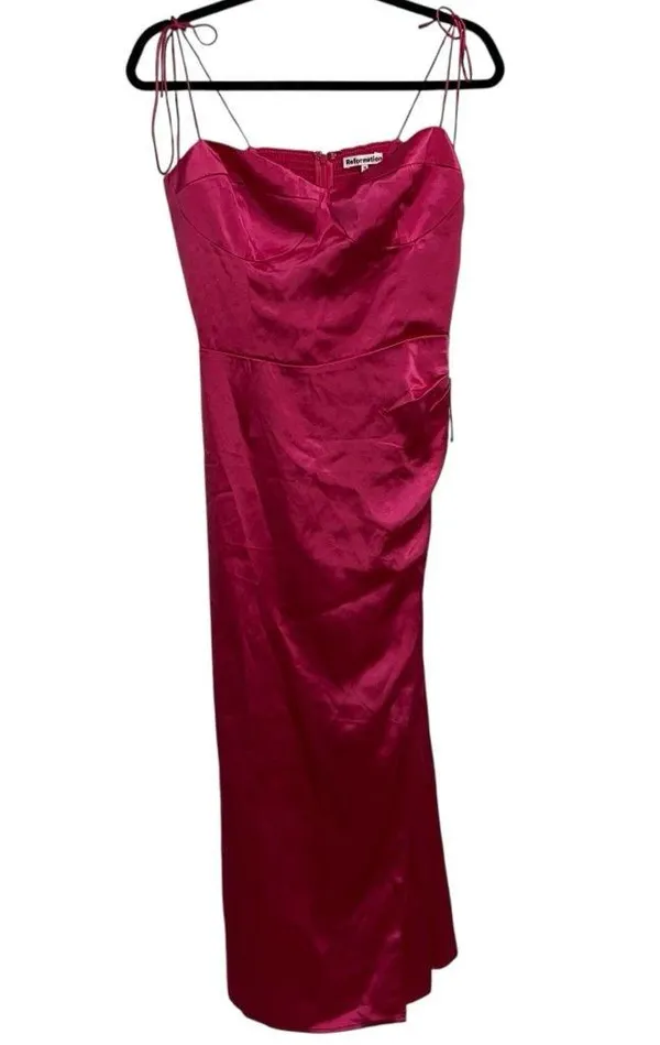 NEW NWT Reformation Marguerite 100% Silk Midi Dress In Flambe Bright Pink - Image 3