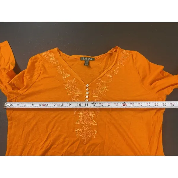 Lauren Ralph Lauren Orange 3/4 Sleeve Henley Top L Southwestern Boho - Image 7