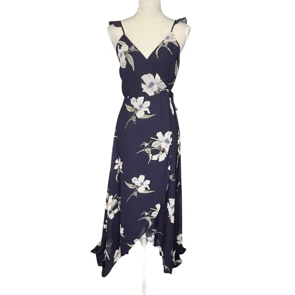 Lulus All Mine Floral Print High Low Wrap Dress Women’s Size L Navy - Image 3