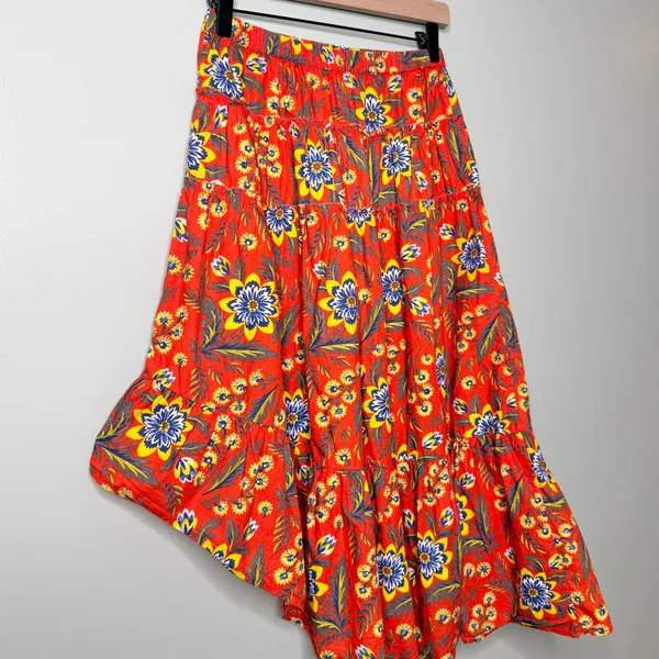 Joie Clarke Floral High Low Midi Skirt Salsa Orange Red Blue Yellow Size XS - Image 7