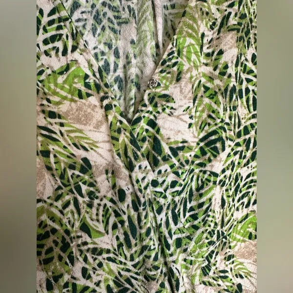 CAbi Faux Wrap Dress Green Tan Hawaiian Tropical Floral Leaf Boho Indie Sz Small - Image 6