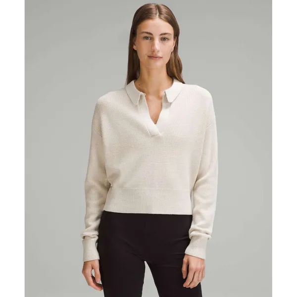 Lululemon Collared Merino Wool Blend Sweater Size L Heathered Bone Cropped - Image 8