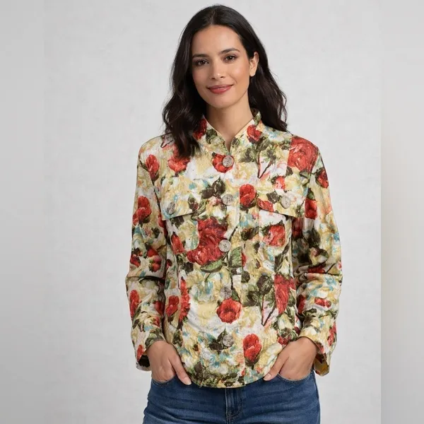 BAMBOO TRADERS Floral Cotton Eyelet Lined Short Blazer/Jacket - Size Large - Image 6