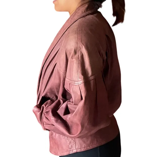 Vintage 80s Winlit Burgundy Leather Wrap Jacket Belted Power Shoulders M - Image 6