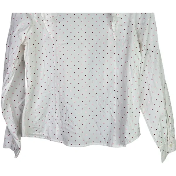 J.Crew Cotton Poplin Ruffle Heart Print Button Down LongSleeve Shirt M White Red - Image 6