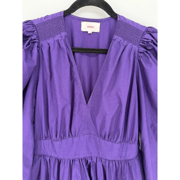 Xirena Ophelia Dress Puff Sleeve Cotton Mini M Purple V-Neck Smocked Boho Poplin - Image 5