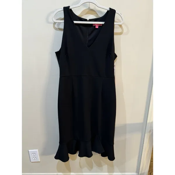 Betsey Johnson Scuba Crepe Dress Sheath Flirty Ruffle‎ Hem Size 12 Black - Image 4