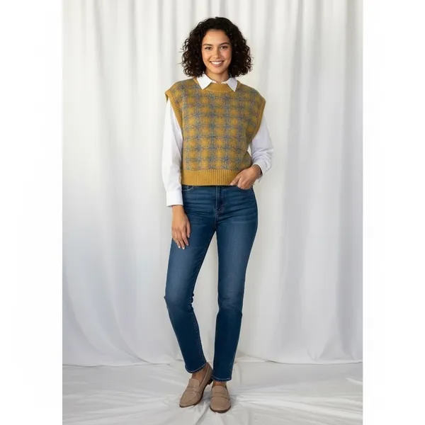 ZARA Chunky Wool Sweater Vest Plaid Star Pattern Yellow Gray Academia Small - Image 10