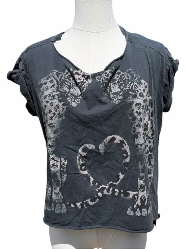 AllSaints Leopard Graphic Women’s Tee S Charcoal Cropped Grunge Benin Pina - Image 2