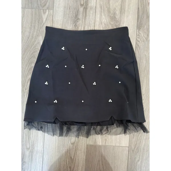 Commense Party Black Beaded Tulle Trim A Line Mini Skirt Built in Shorts NWT M - Image 2