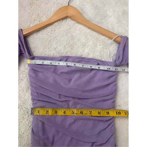Lulus Desirable Date Lavender Mesh Ruched Off-the-Shoulder Midi Dress Size XS - Image 6