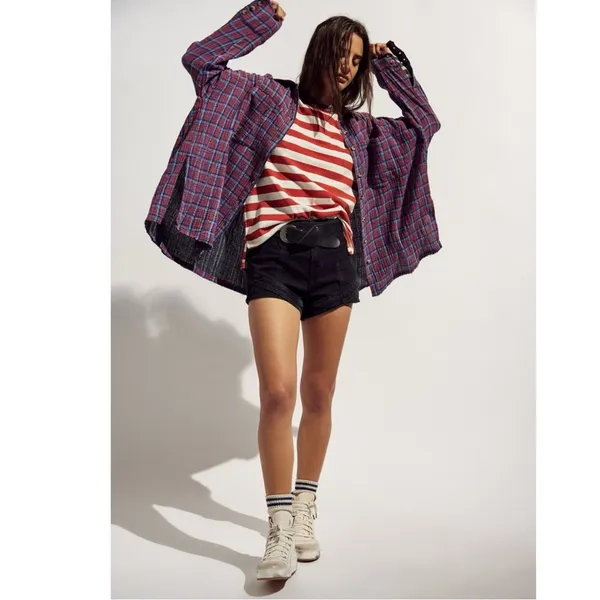 Free People Oversized Bohemian Grunge Cardiff Plaid Swing Top Shirt XL - Image 3