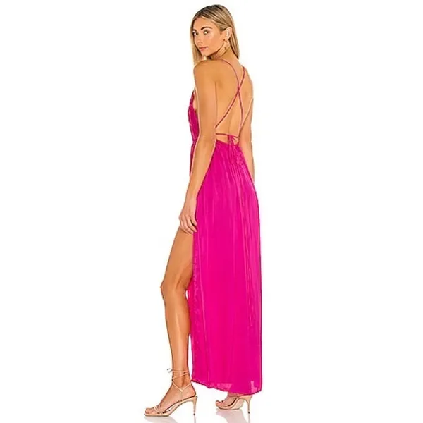 Indah Revolve Hot Pink Satin Plunge V-Neck Strappy Slit Resortwear Maxi Dress XS - Image 2