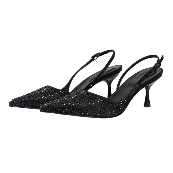Black Crystal Slingback Kitten Heel Pointed Toe Dainty Glam Minimalist, sz 6 NEW - Image 3