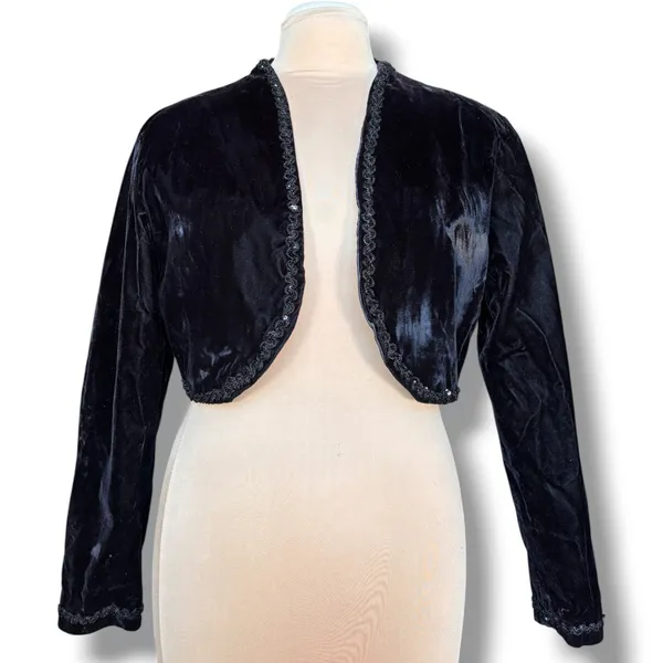 Vintage Black Velvet Bolero Cropped Jacket Beaded Trim Open Front Evening Shrug - Image 7