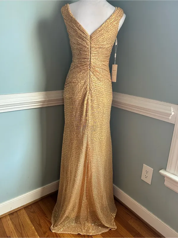 Gold Sequin Ruched V-Neck Prom Gown - Image 2
