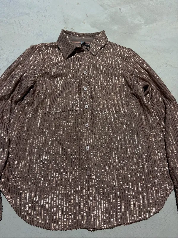 Anthropologie Brown Sequin Button-Up Shirt small - Image 2