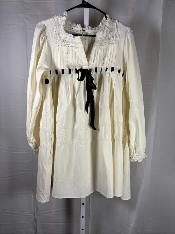 Free People Ivory Mini Dress with Black Ribbon Accent - Image 4