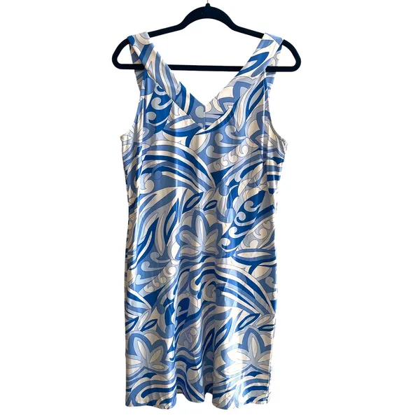 J.McLaughlin Sheath Dress Womens L Blue‎ White Abstract Swirl Preppy V-Neck Mini - Image 2