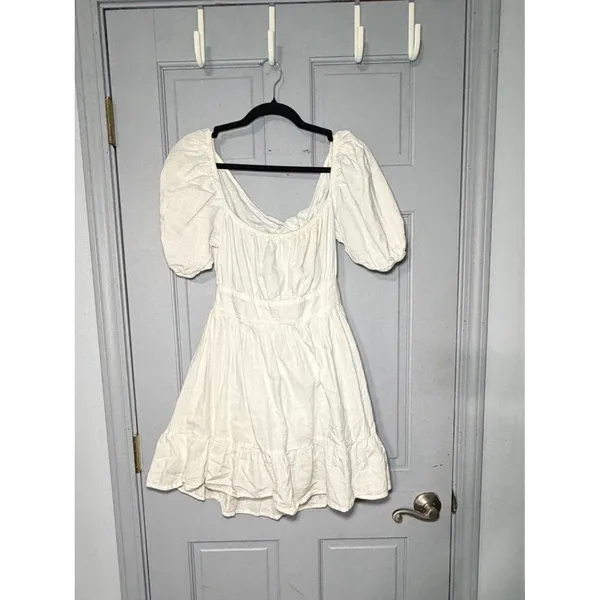 SheIn White Babydoll Mini Dress Puff Sleeve Cottagecore Milkmaid Size Medium - Image 6