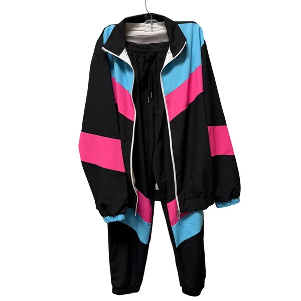 NWOT Unisex 90s Tracksuit Costume 80s Windbreaker Jacket Pants Set Blue Pink M‎ - Image 3