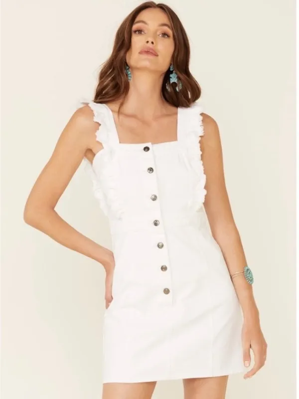 Elan Dress Size Medium White Denim Ruffle Frayed Button‎ Front Coastal Cowgirl - Image 12