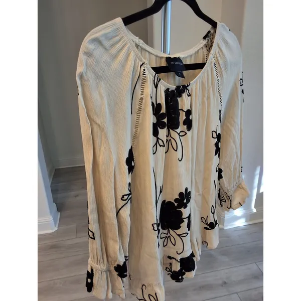 LIV LA Small Cottagecore Embroidered Floral Ruffle Peplum 3/4 Sleeve B/W Top S - Image 4