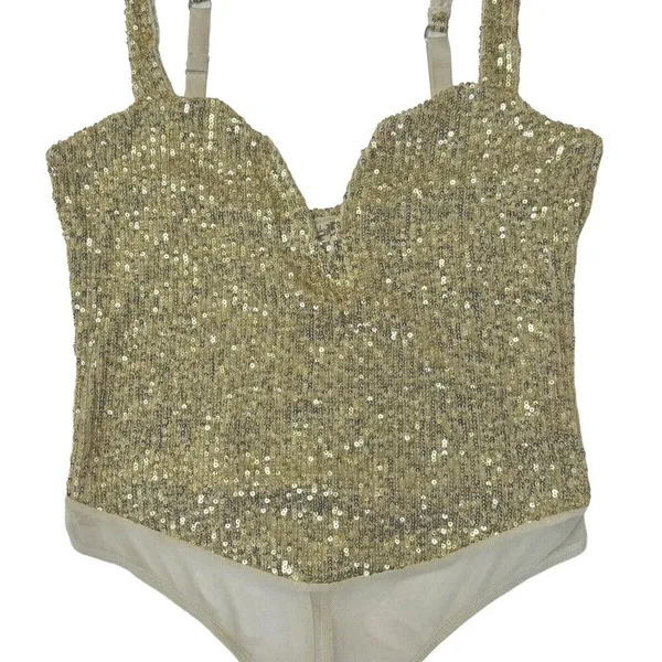 INTIMATELY FREE PEOPLE Sparks Fly Iridescent Gold Shimmery Sequin Bodysuit Sz M - Image 7