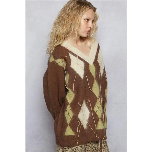 POL V-Neck Argyle Pattern Mohair Sweater with‎ Contrast Exposed Stitch Detail - Image 13