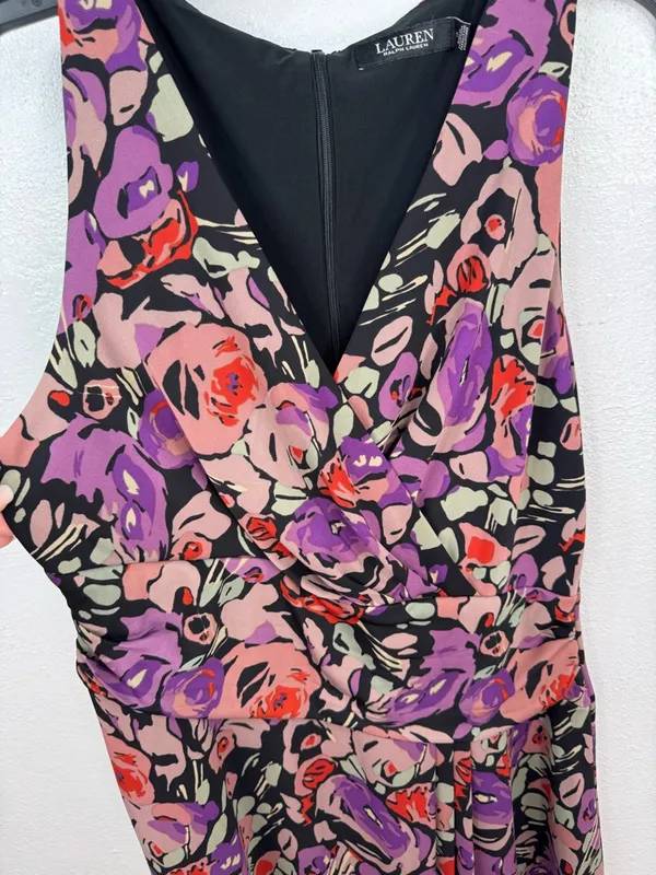 Lauren Ralph Lauren Dress Size 12 Black Floral Fit & Flare V-Neck Sleeveless - Image 3