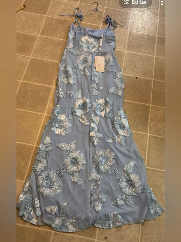 Light Blue Floral Appliqué Maxi Dress with Tie Shoulders - Image 4