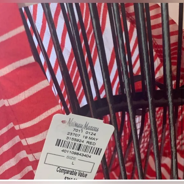 NWT Neiman Marcus Red White Abstract Stripe V-Neck Mini Dress | Size L - Image 12