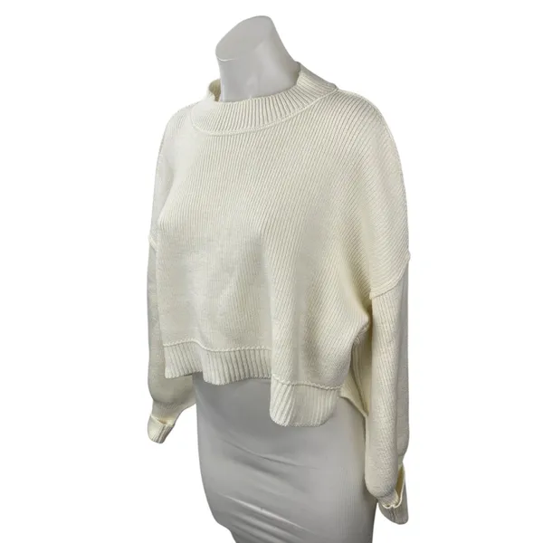 Free People Women's White Cream Ribbed Knit Mock Neck Cropped Sweater Top Sz XS - Image 3