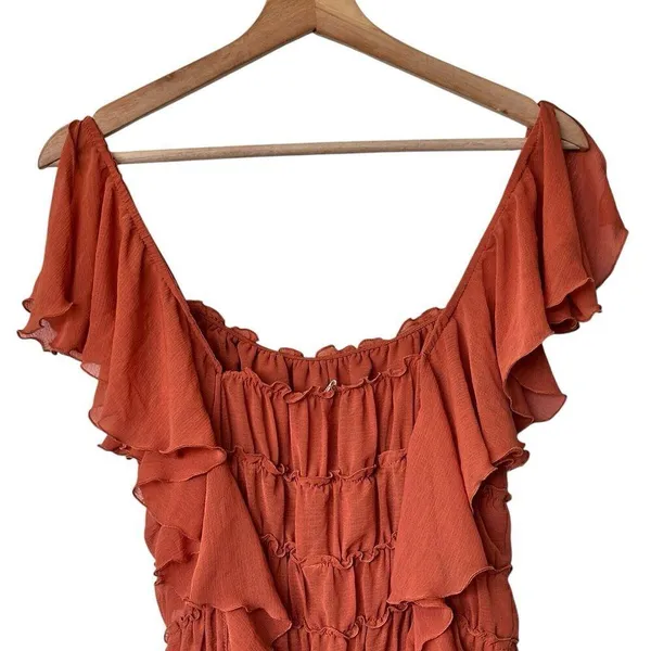 Free People Intimately M Ruffle Cinched Flutter Sleeve Bodysuit Burnt Orange - Image 9