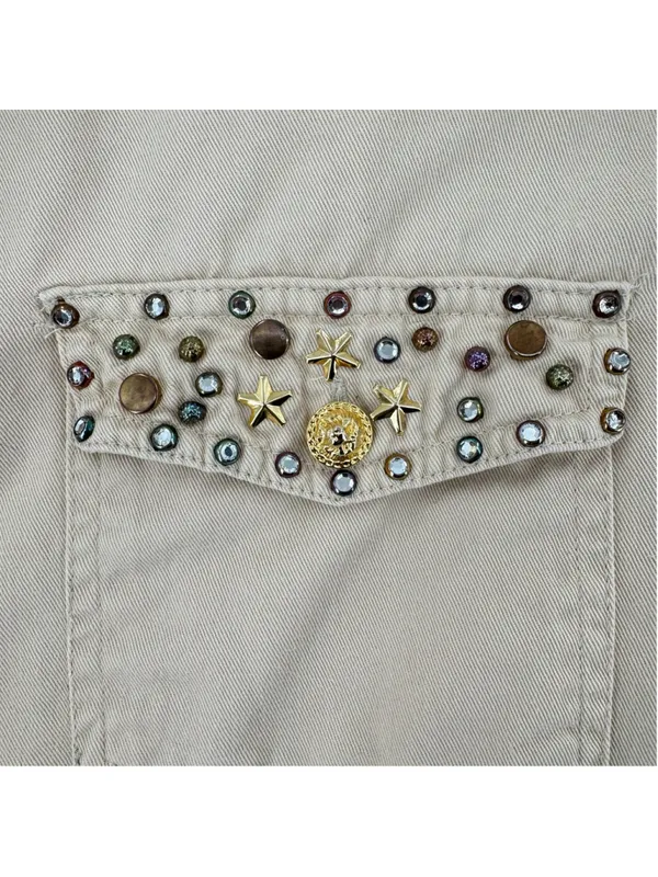 Vintage 90s Beaded Jacket 90s Rhinestones Studs Stars Zip Front Size XL-XXL - Image 4