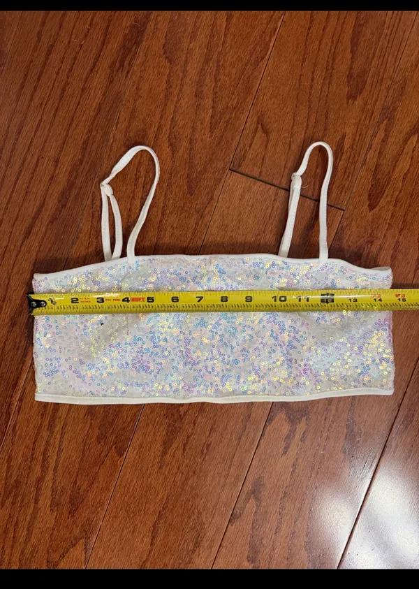 SHEIN iridescent white strappy sequin crop with bag - Size Small. Gently warn & great used condition. embellishments for a sparkly look. Measurements approximately 14.5” from armpit to armpit not fully stretched out x 6” long. Non-smoking home. priced to sell at as is condition. Don’t like my price, make reasonable offer! And thank you for checking my closet. - Image 6