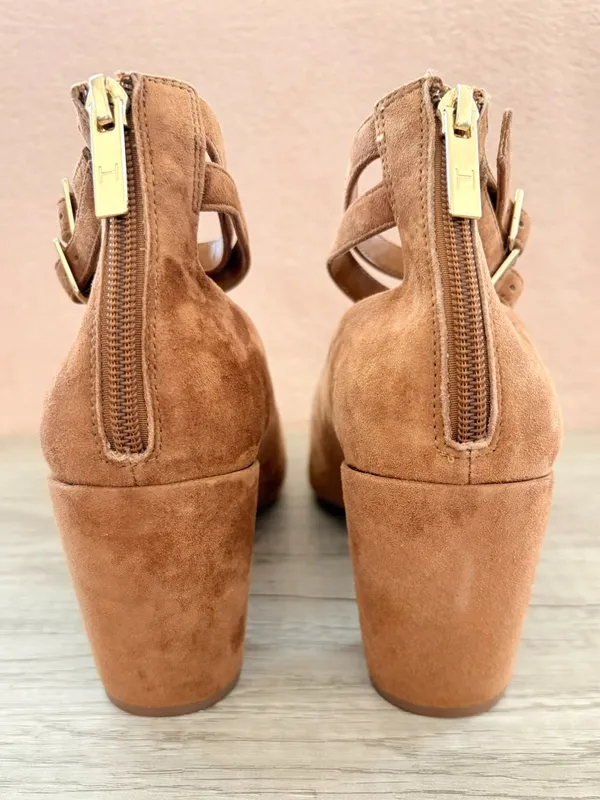 H by Halston Regina Brown Suede 3.25" Block Heel Pump Buckle Ankle Strap Zip 10 - Image 3
