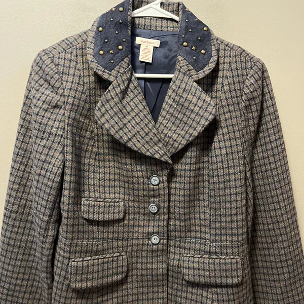 Sundance‎ Women's Wool Blend Plaid Studded Blazer Jacket Size 10 Brown Blue - Image 2