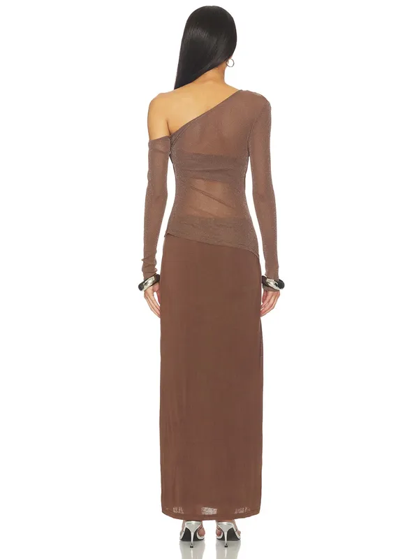 SOVERE Zeya One Shoulder Mesh Maxi Dress Mocha Ruched Sheer Long Sleeve Evening - Image 5