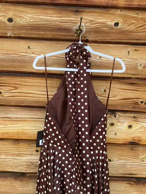 IEENA FOR MAC DUGGAL Size 2 Brown Polka Dot A-Line Halter Gown Rosette FLAWS - Image 10