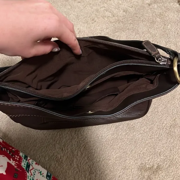 Dark brown genuine leather shoulder handbag. Gold hardware. 3 compartments. - Image 3