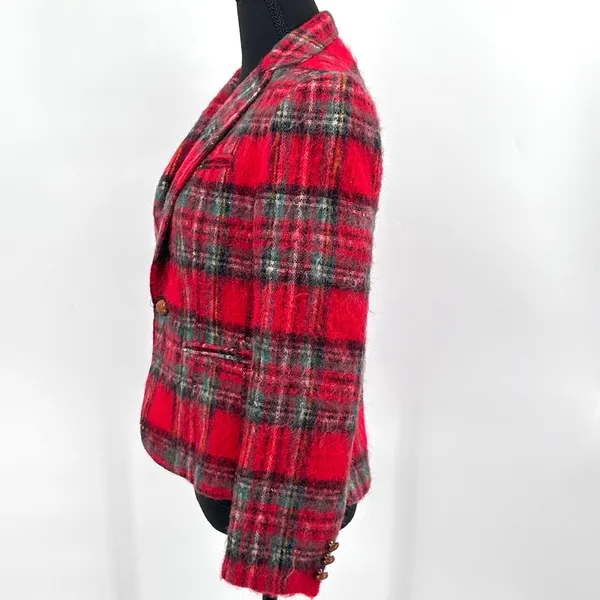 Vintage Mohair Wool‎ Blazer Women's Tartan Plaid Classic Jacket Red Size 4 Small - Image 5