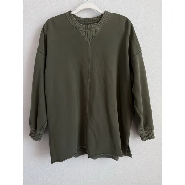 Aerie Down to Earth Crewneck Sweatshirt Olive Green Oversized Boho Lounge Small - Image 11
