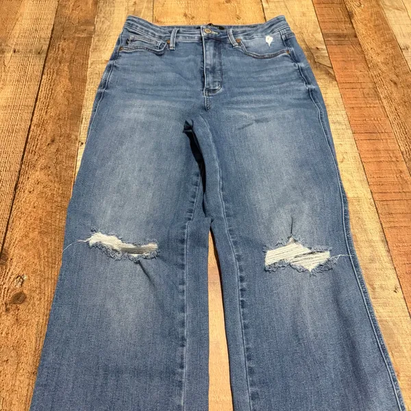 Judy Blue Wmns Medium Wash Stretch Denim Straight Leg Jeans Sz 11/30 Distressed - Image 6