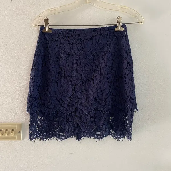 Lulus Turn Back Time Lace Two-Piece Crop Top Mini Skirt Set Small Navy - Image 7