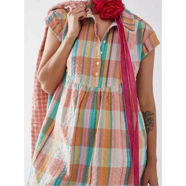 Free People Oversized Dreamers Madras Plaid Mini Dress Tunic Top Preppy Large - Image 5