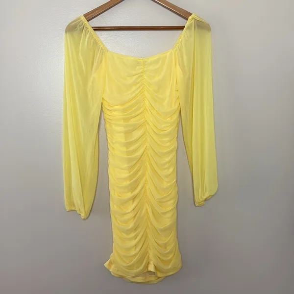 Pretty garden butter yellow mini‎ dress long sheer sleeves ruched body Size S - Image 8